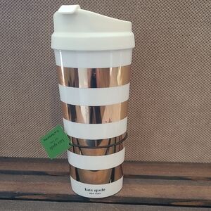 kate spade White and Rose Gold Striped Travel Mug